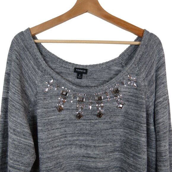 TORRID Women's Gray Marled Embellished Scoop Neck Pullover Sweater 2 Rhinestone - Picture 4 of 10